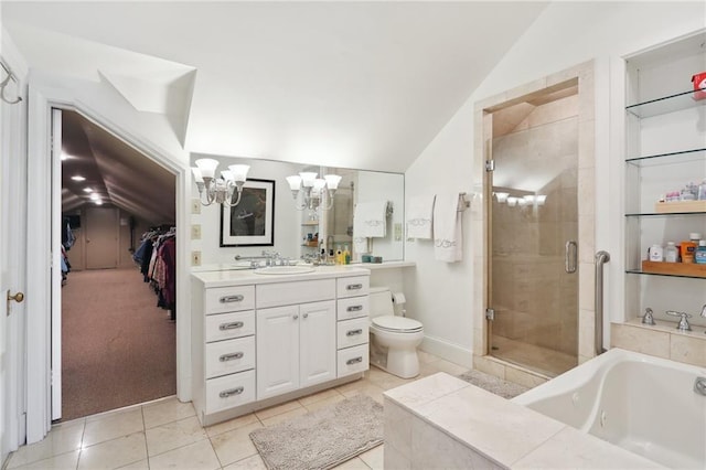 full bathroom with a chandelier, vanity, tile patterned floors, independent shower and bath, and toilet