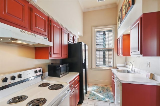 kitchen with sink, ornamental molding, white electric stove, and light tile patterned floors