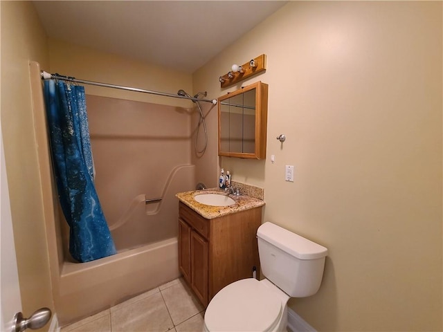 bathroom with tile patterned flooring, toilet, vanity, and shower / bathtub combination with curtain