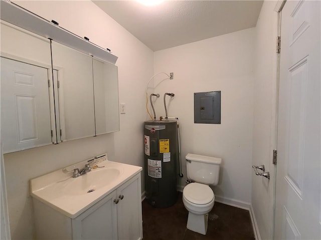 bathroom featuring toilet, electric panel, electric water heater, baseboards, and vanity