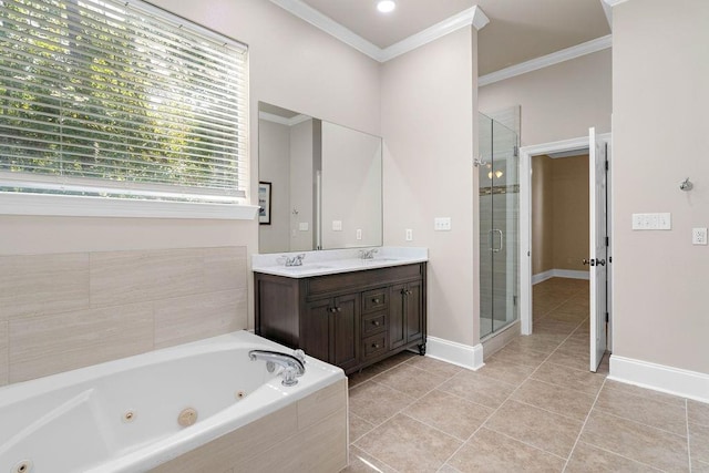 bathroom featuring tile patterned floors, separate shower and tub, vanity, and ornamental molding