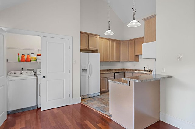 kitchen with stainless steel dishwasher, dark hardwood / wood-style flooring, high vaulted ceiling, hanging light fixtures, and white refrigerator with ice dispenser