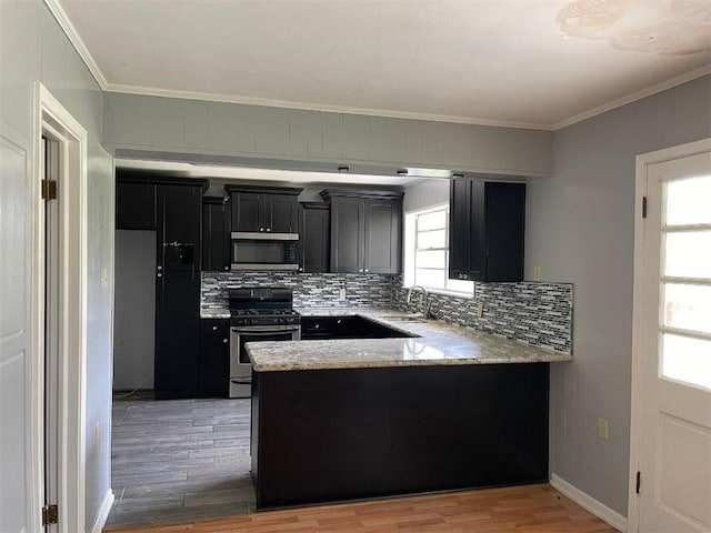 kitchen with dark cabinets, a peninsula, a sink, appliances with stainless steel finishes, and light wood-type flooring