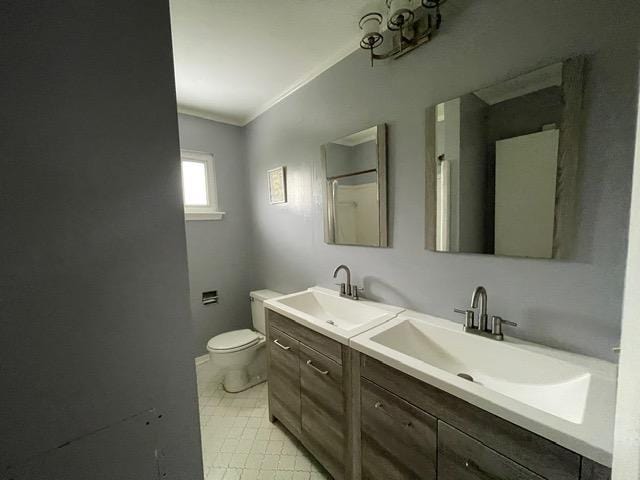 bathroom featuring toilet, crown molding, double vanity, and a sink