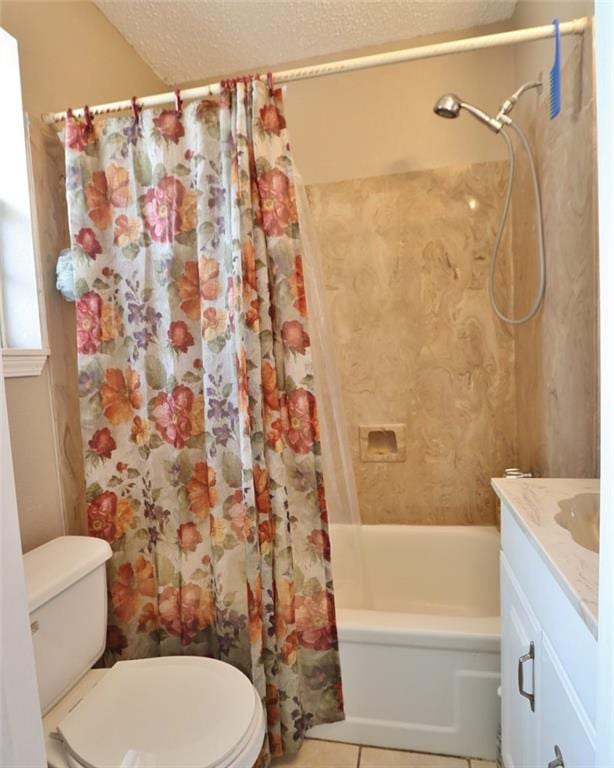 full bathroom with vanity, tile patterned flooring, a textured ceiling, toilet, and shower / bath combo