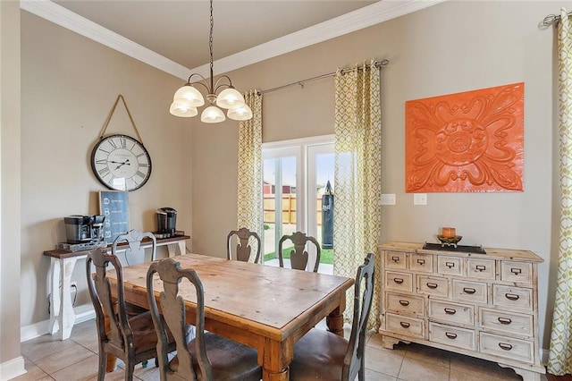 dining area featuring light tile patterned floors, crown molding, and a notable chandelier