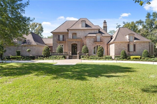 french country home with a front lawn