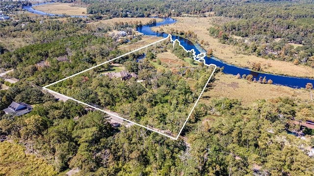 bird's eye view with a water view and a view of trees