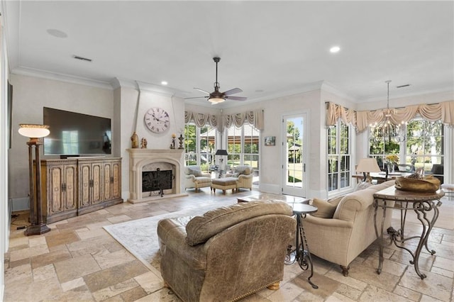 living area featuring recessed lighting, stone tile flooring, a fireplace with raised hearth, and baseboards