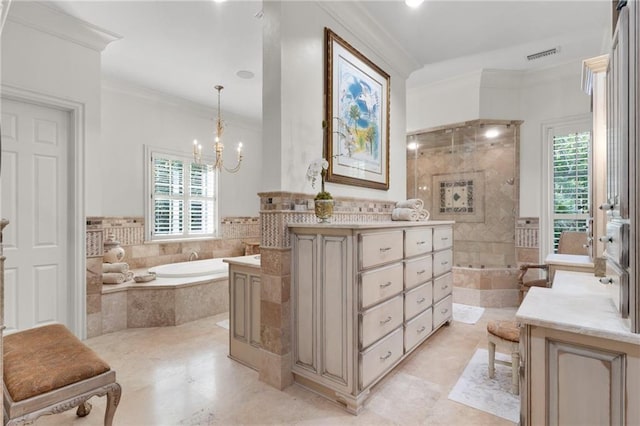 bathroom featuring independent shower and bath, vanity, ornamental molding, tile patterned floors, and an inviting chandelier