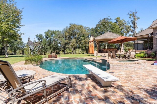 view of pool featuring an in ground hot tub, a patio, and a diving board