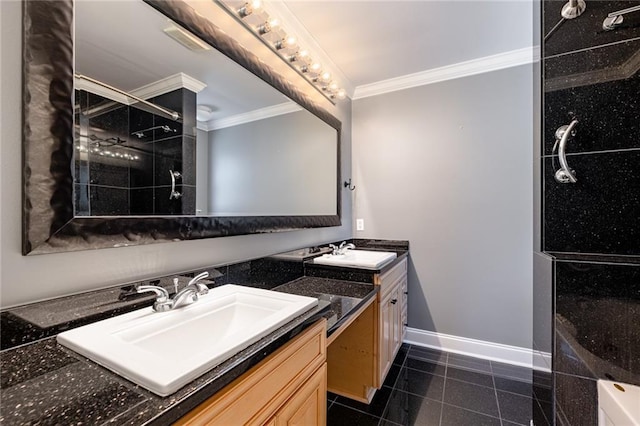 bathroom featuring a tile shower, vanity, tile patterned floors, and ornamental molding