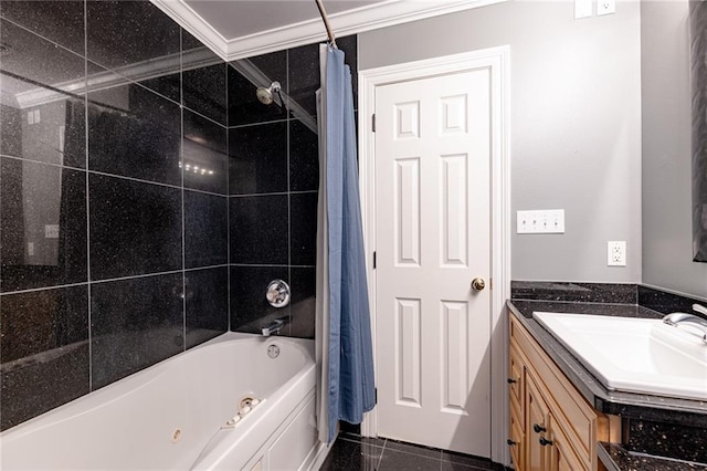 bathroom with tile patterned flooring, vanity, shower / bathtub combination with curtain, and crown molding