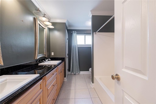 bathroom featuring tile patterned floors, a shower, toilet, vanity, and ornamental molding