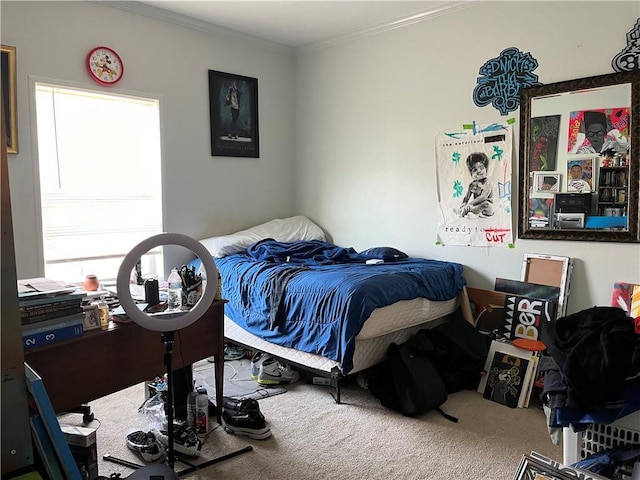 carpeted bedroom with crown molding