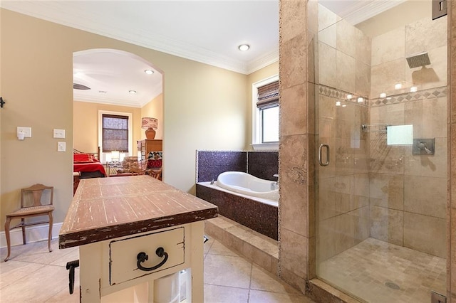 bathroom with tile patterned flooring, ornamental molding, and plus walk in shower