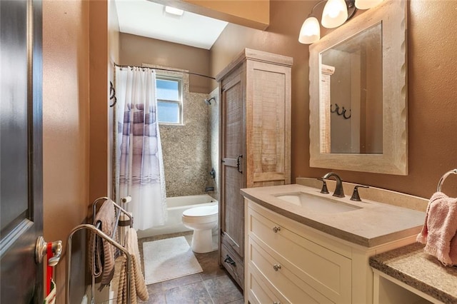 full bathroom with vanity, shower / bath combination with curtain, and toilet