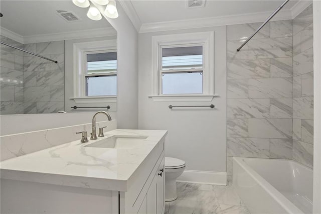 full bathroom featuring tile patterned floors, toilet, crown molding, and vanity