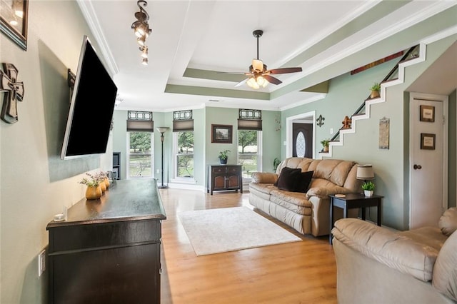 living room featuring a raised ceiling, crown molding, ceiling fan, and light wood-type flooring