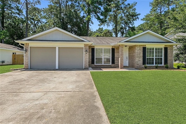 ranch-style home featuring a front yard and a garage