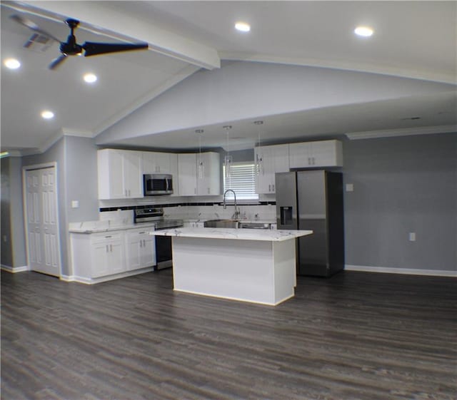 kitchen featuring white cabinetry, dark hardwood / wood-style floors, ceiling fan, and stainless steel appliances