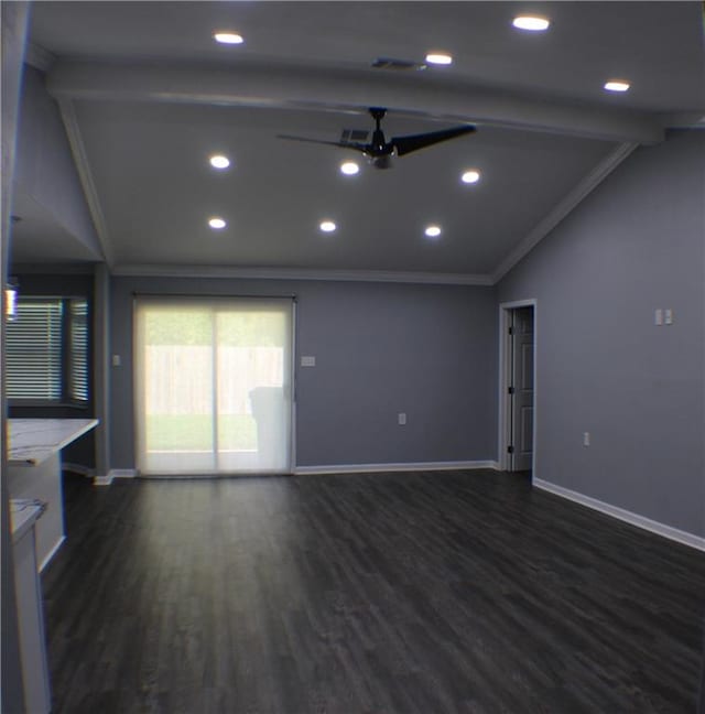 unfurnished living room with crown molding, lofted ceiling with beams, dark hardwood / wood-style flooring, and ceiling fan