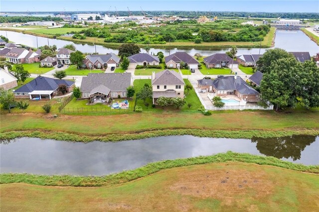 drone / aerial view with a water view