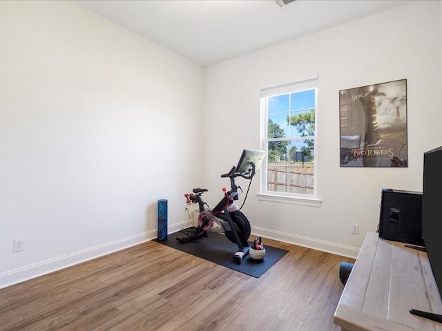 workout room with hardwood / wood-style floors