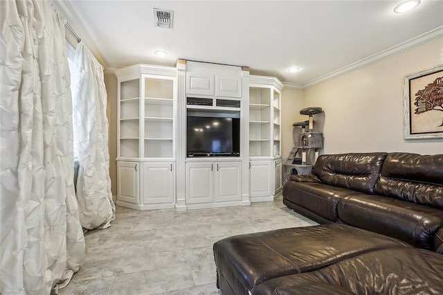 living room with ornamental molding