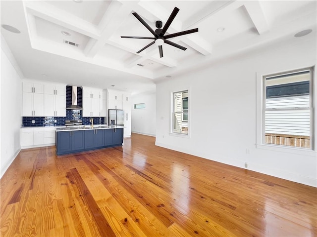 unfurnished living room with ceiling fan, light wood finished floors, beamed ceiling, visible vents, and coffered ceiling