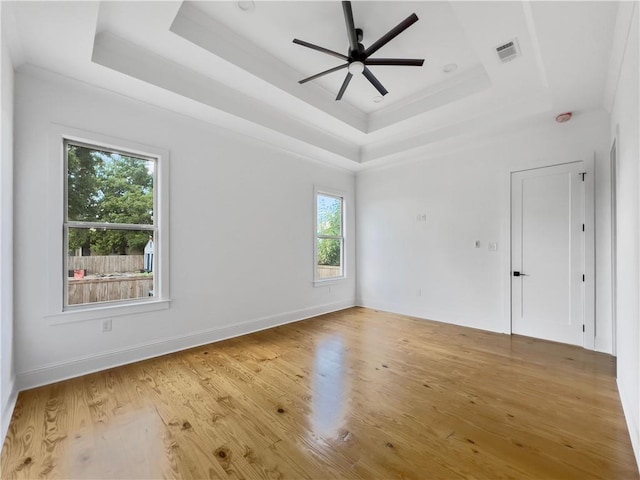 spare room featuring light wood-type flooring, a raised ceiling, ceiling fan, and a wealth of natural light