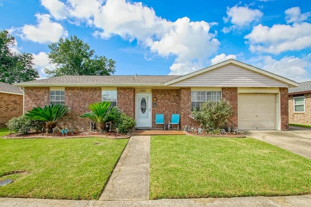 ranch-style house featuring an attached garage, brick siding, driveway, roof with shingles, and a front lawn