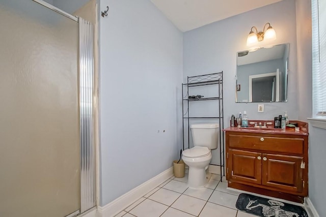 full bath with baseboards, an enclosed shower, toilet, and tile patterned floors