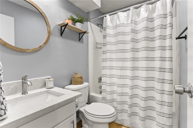 full bathroom with vanity, toilet, shower / tub combo with curtain, and hardwood / wood-style flooring