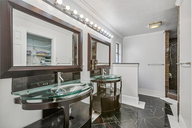 bathroom with crown molding, a shower, and tile patterned floors