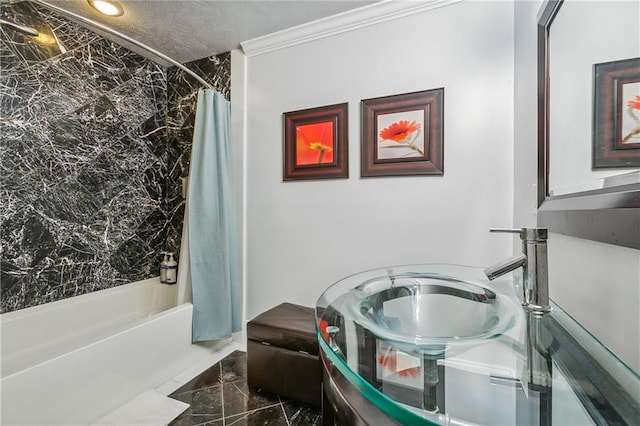 bathroom featuring ornamental molding, shower / tub combo, and tile patterned floors