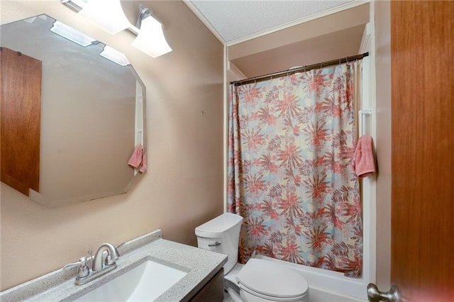 full bathroom with shower / bathtub combination with curtain, toilet, a textured ceiling, and vanity