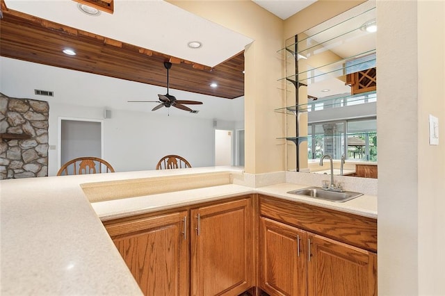 kitchen with wooden ceiling, sink, and ceiling fan