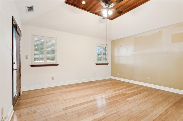 unfurnished room with wood ceiling, ceiling fan, light wood-type flooring, and vaulted ceiling