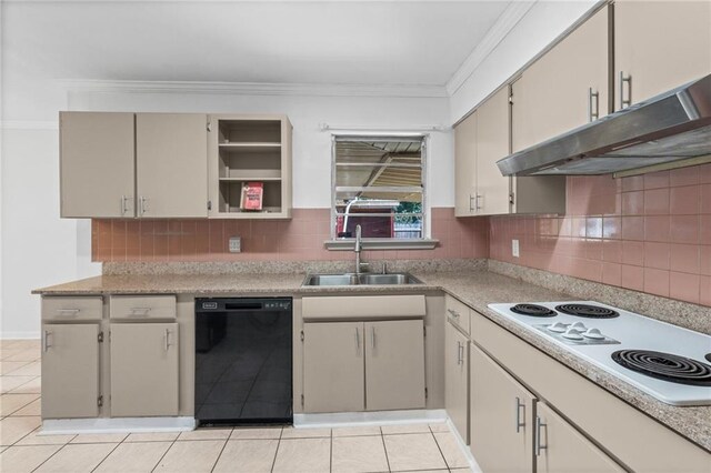 kitchen with black dishwasher, sink, light tile patterned floors, and backsplash