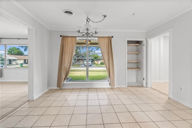 empty room with ornamental molding, a chandelier, and light tile patterned flooring