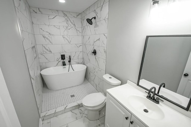 full bathroom with plus walk in shower, tile patterned floors, toilet, tile walls, and vanity