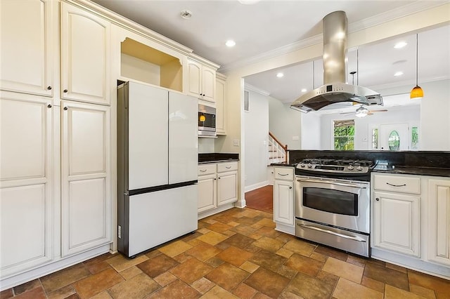 kitchen with pendant lighting, crown molding, island exhaust hood, ceiling fan, and appliances with stainless steel finishes