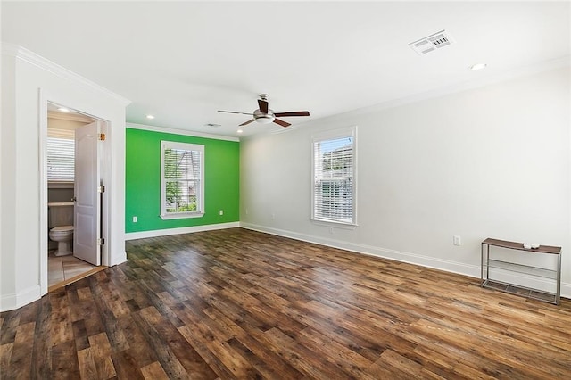 interior space featuring hardwood / wood-style floors, ceiling fan, and ornamental molding