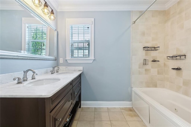 bathroom with tile patterned flooring, tiled shower / bath, ornamental molding, and vanity