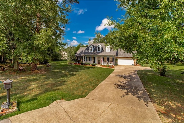 cape cod house featuring a garage, a porch, and a front yard