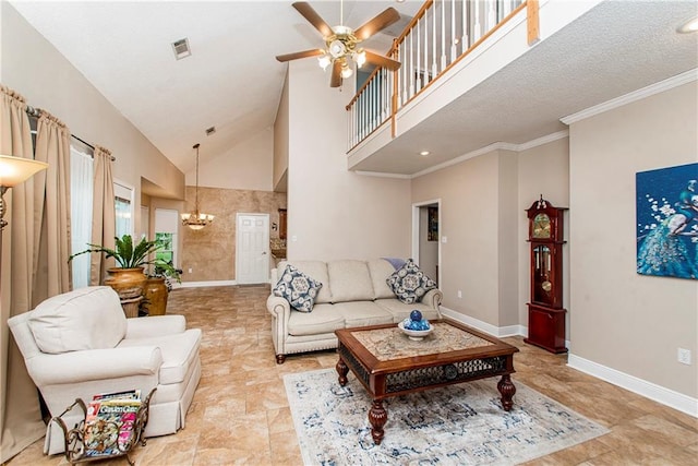 living room featuring ceiling fan with notable chandelier, high vaulted ceiling, a textured ceiling, and ornamental molding