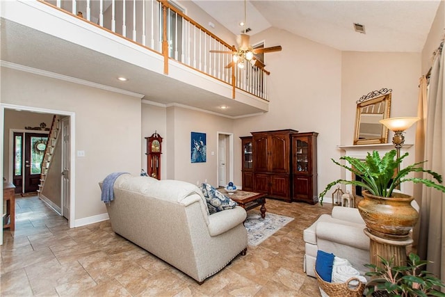 living room with ceiling fan, ornamental molding, and high vaulted ceiling