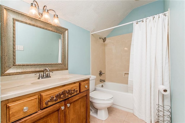 full bathroom featuring vanity, tile patterned floors, toilet, shower / bath combo with shower curtain, and a textured ceiling