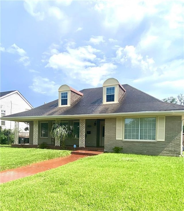 view of front of home featuring a porch, a front yard, brick siding, and roof with shingles